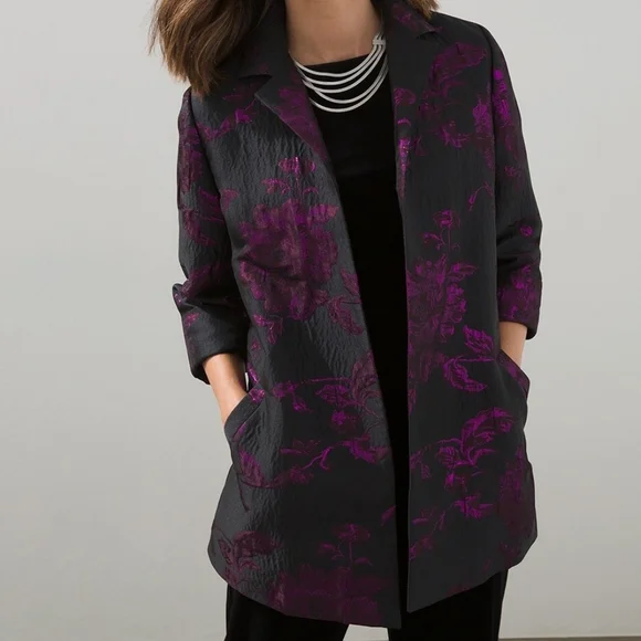 CHICO'S Black/Plum Travelers Floral Jacquard Jacket - Picture 13 of 14